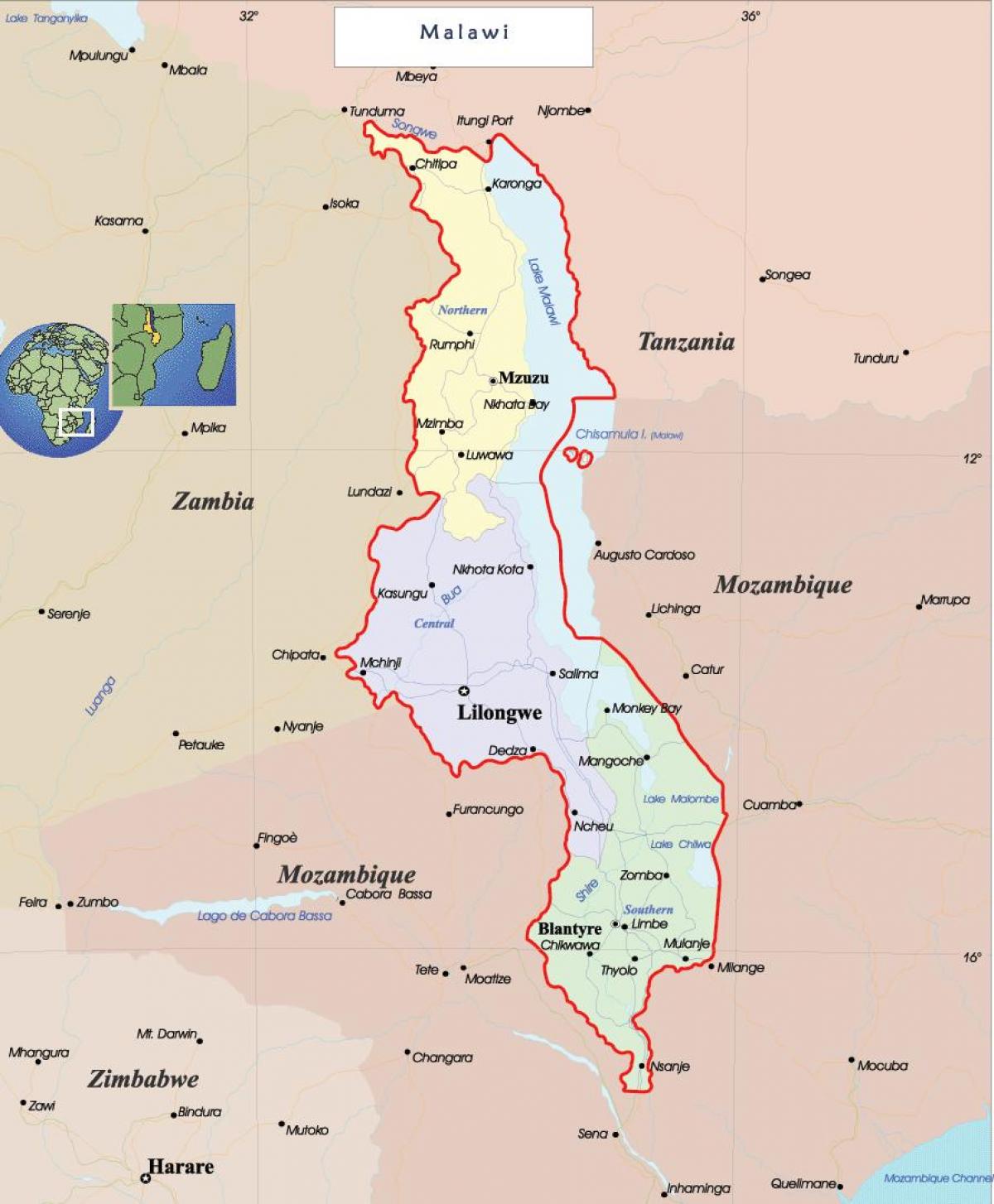 mapa do Malawi político