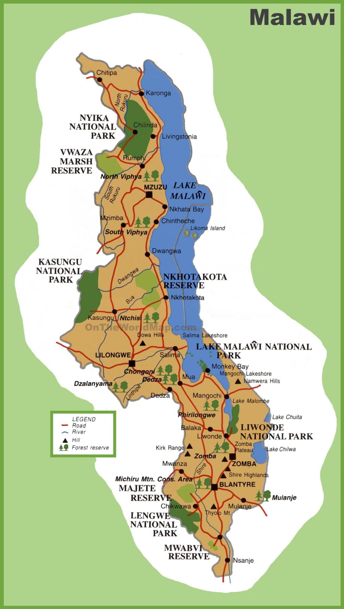 mapa de Malawi e países vizinhos