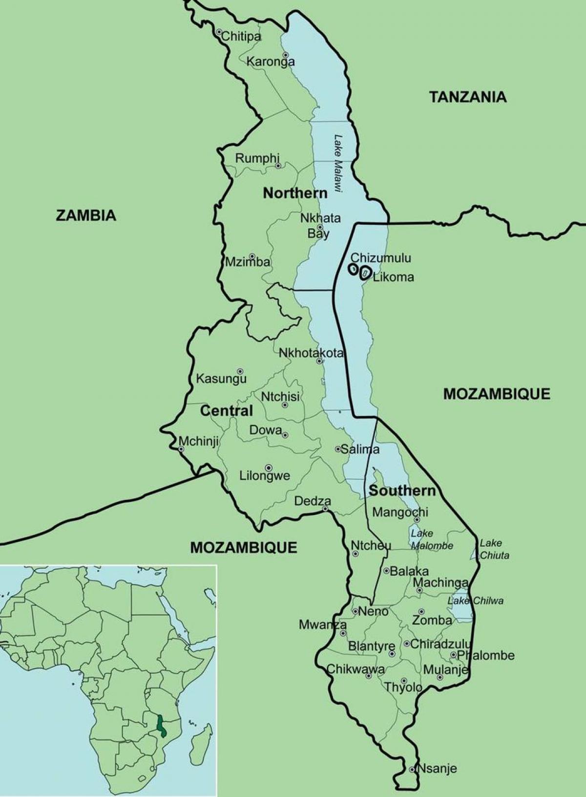 mapa do Malawi mostrando distritos
