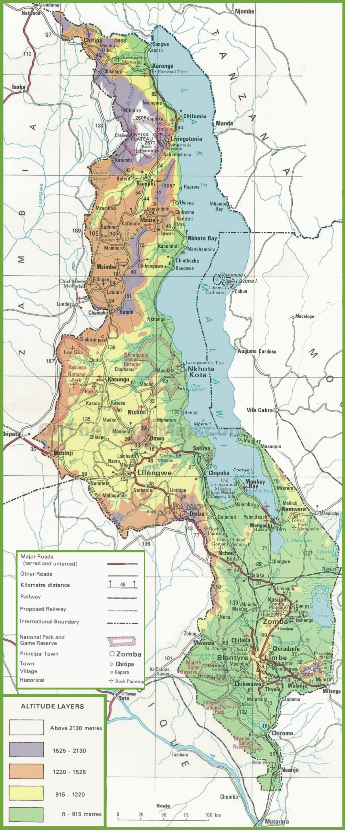 mapa físico, mapa do Malawi